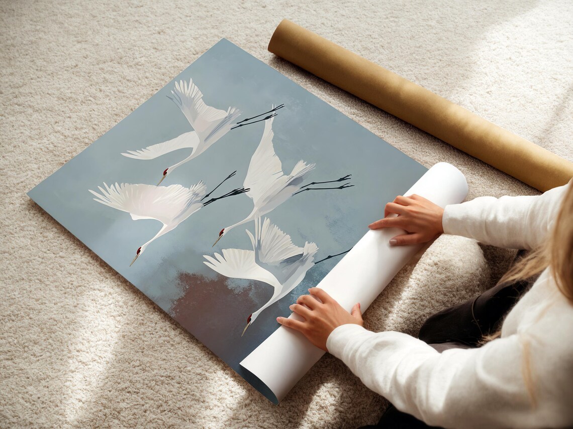 Flying Cranes Japandi Style Art Print, Vintage Japanese - Image 3