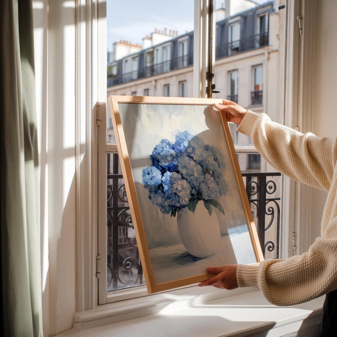 Blue Hydrangeas Bouquet In White Vase Oil Painting Floral Poster - Image 3