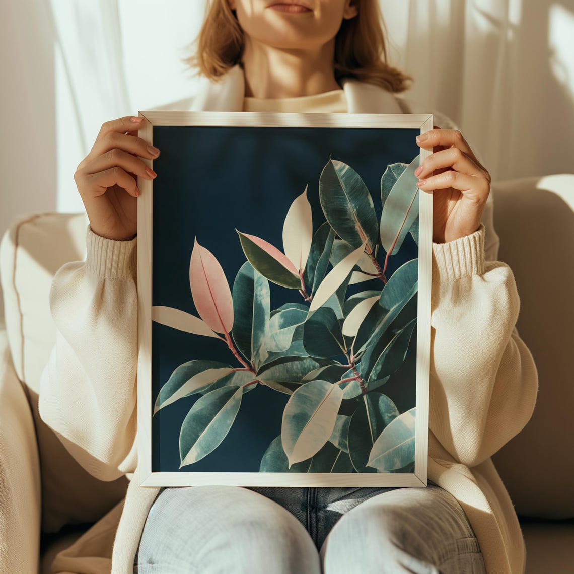 Dark Navy Blue Botanical Rubber Plant Leaves Moody Decor Poster - Image 2