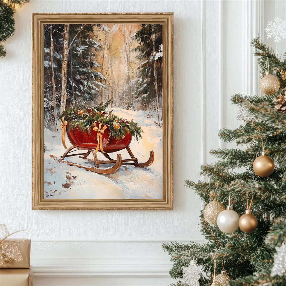 Red Christmas Sleigh With Garland Winter Forest Oil Painting Poster - Image 3