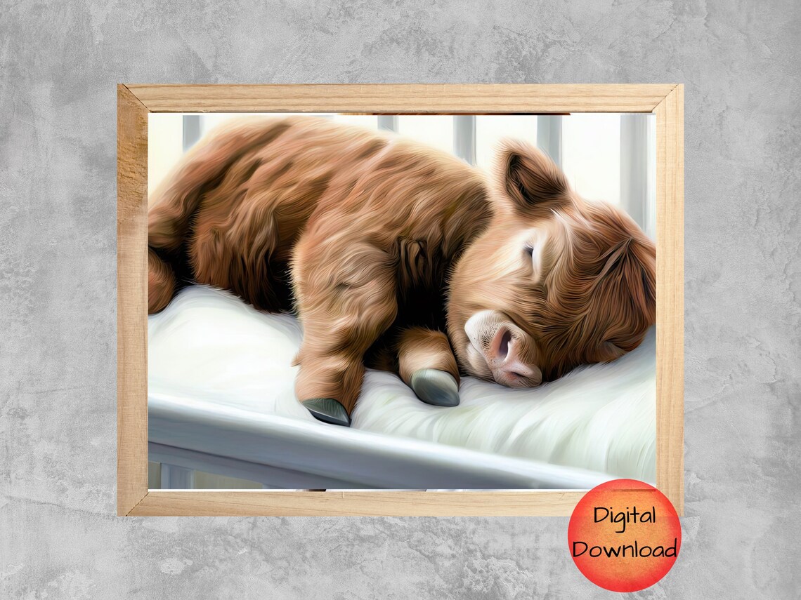 Highland Cow Sleeping Art Print, Nursery Wall Decor