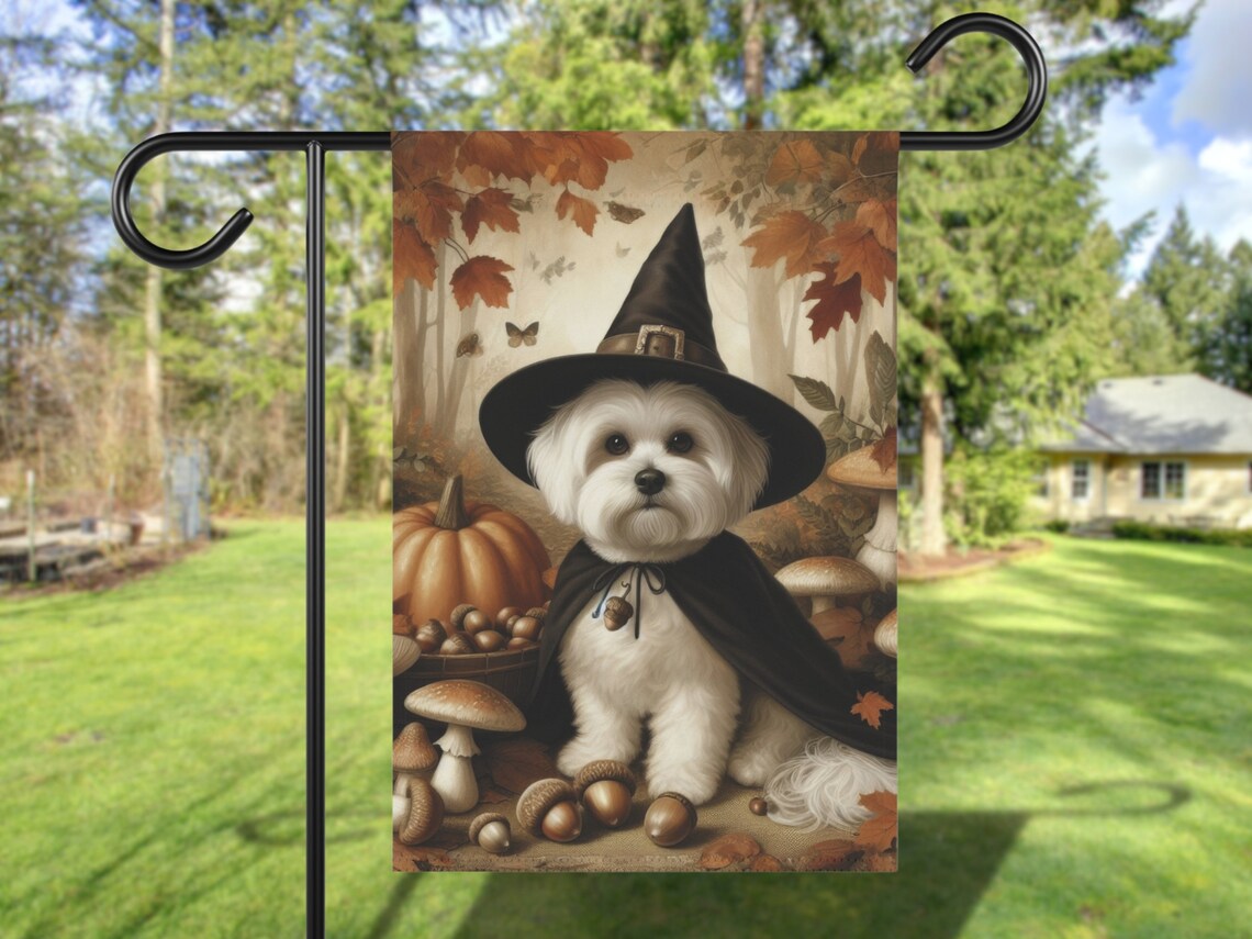 Custom Maltese Fall Garden Flag, Vintage Cottage Core
