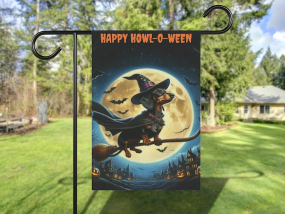 Dachshund Halloween Garden Flag, Dog Broomstick Banner