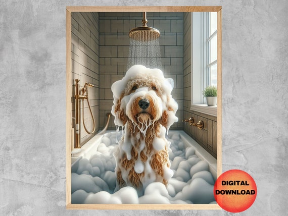 Goldendoodle Bathroom Humour Art Print, Shower Wall Art