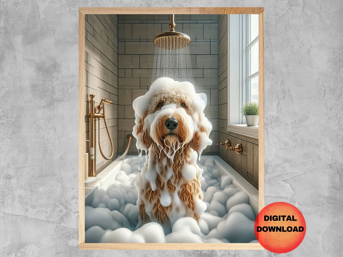 Goldendoodle Bathroom Humour Art Print, Shower Wall Art