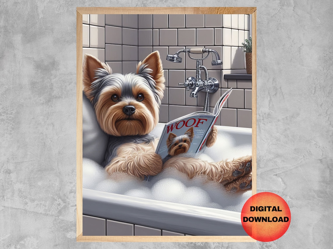 Yorkie Bathtub Bathroom Wall Art, Funny Dog Print