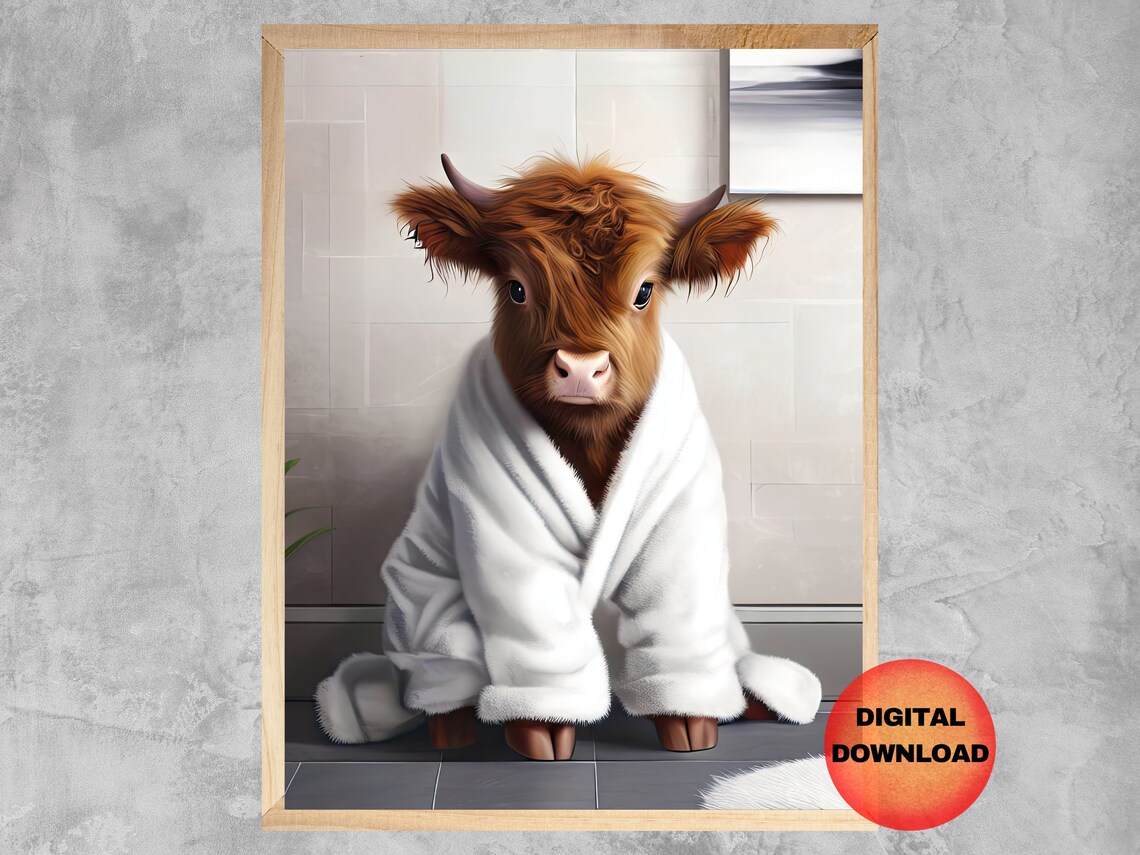 Highland Cow In Bathrobe Funny Farmhouse Bathroom Decor Wall Art
