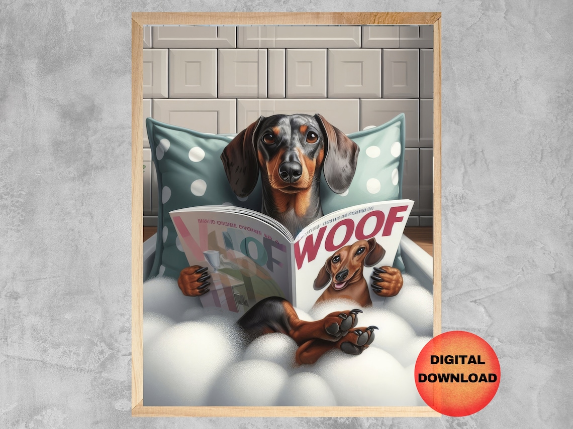 Dachshund Funny Bathroom Art Print, Whimsical Doxie