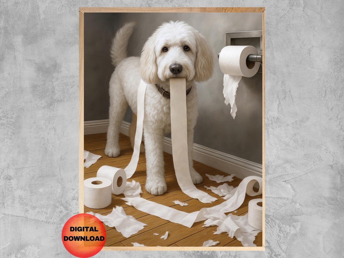 White Goldendoodle Bathroom Wall Art, Poster Print