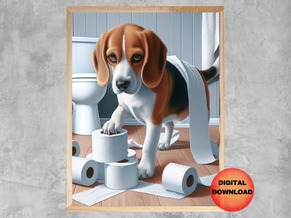 Little Beagle Puppy Playing with Toilet Paper Funny Bathroom Poster