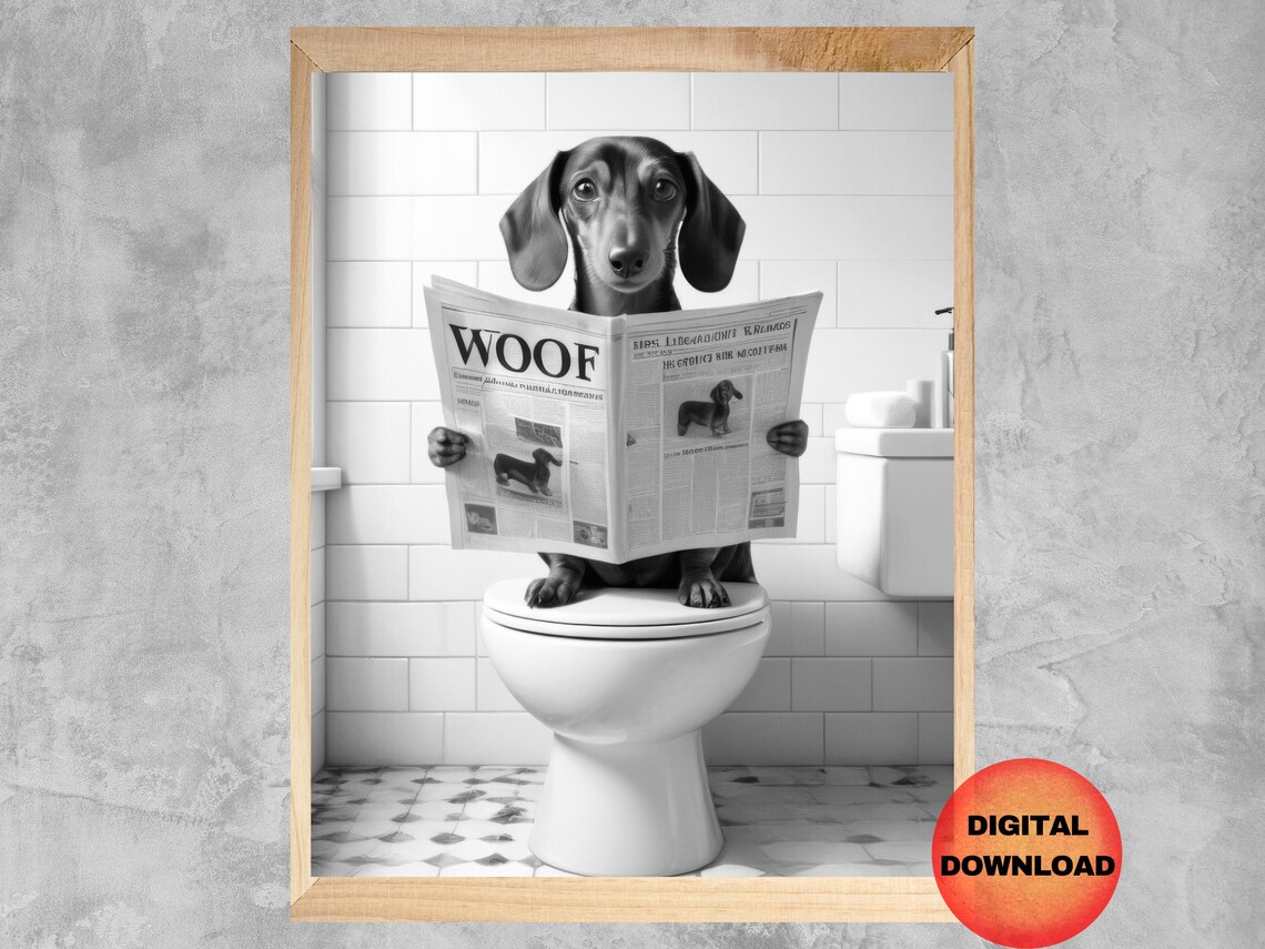 Dachshund Reading Newspaper On Toilet Funny Woof Dog Bathroom Poster