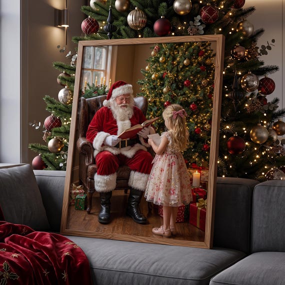 Santa Reading Christmas Letter Print Claus Poster Wall Art Holiday Decor Vintage Digital File