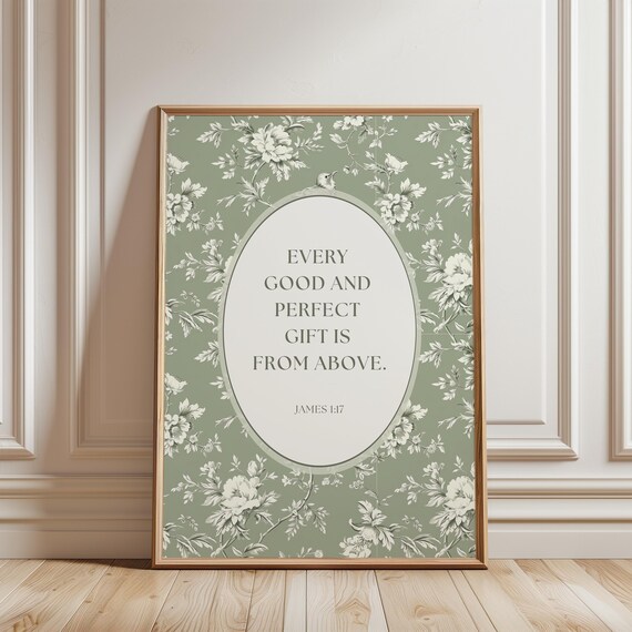 Physical Print Green Christian Wall Decor Sage Nursery Floral Every Good And Bible Verse Art Vintage