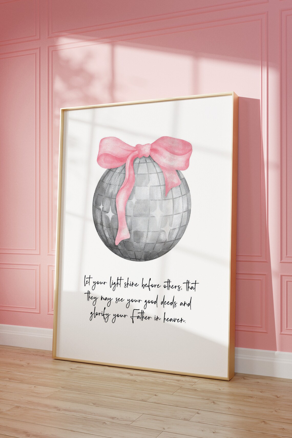 Let Your Light Shine Coquette Wall Art Pink Bow Scripture Girly Bible Verse Trendy Christian Shimmer Ball