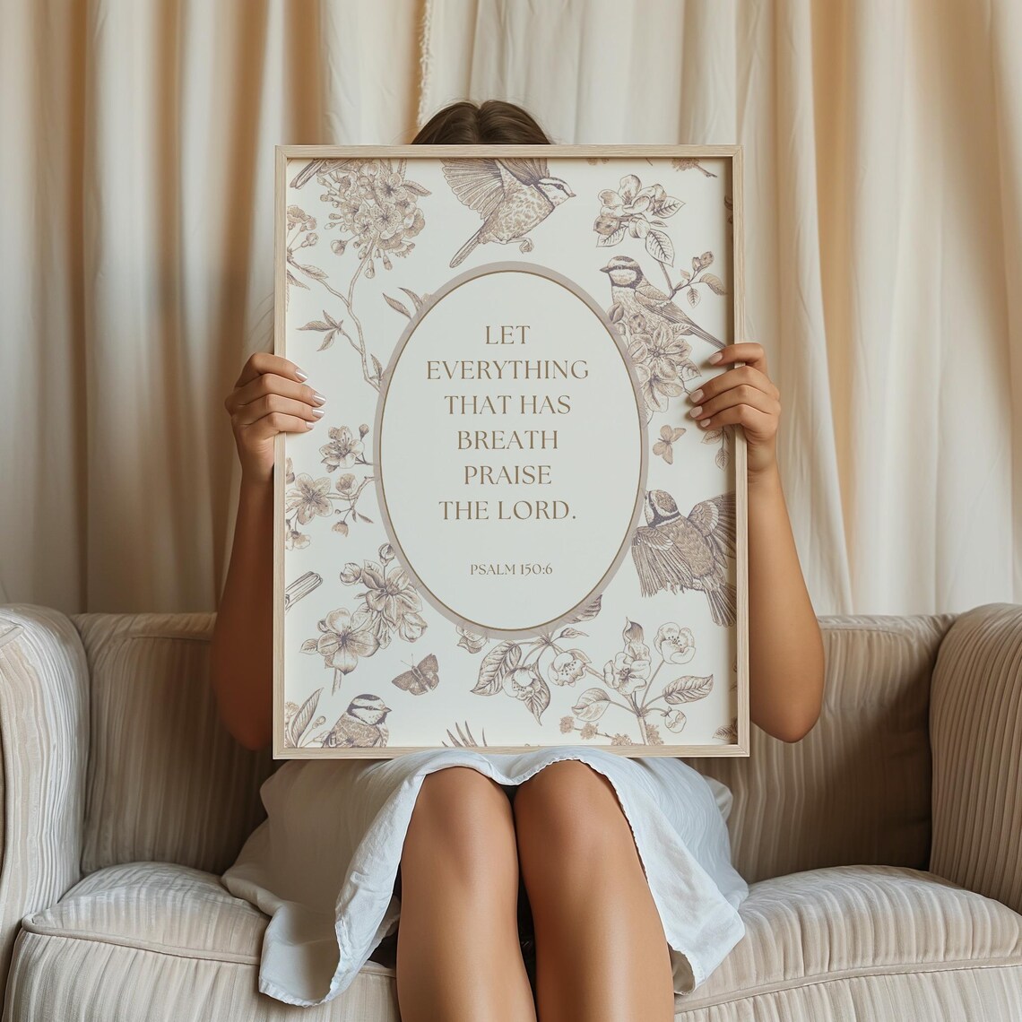 Neutral Toile Scripture Beige Chinoiserie Print Tan Vintage Floral Wall Art Christian Bible Verse