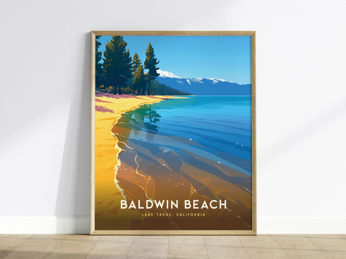 Baldwin Beach Lake Tahoe California Pines Snowcap Travel Poster