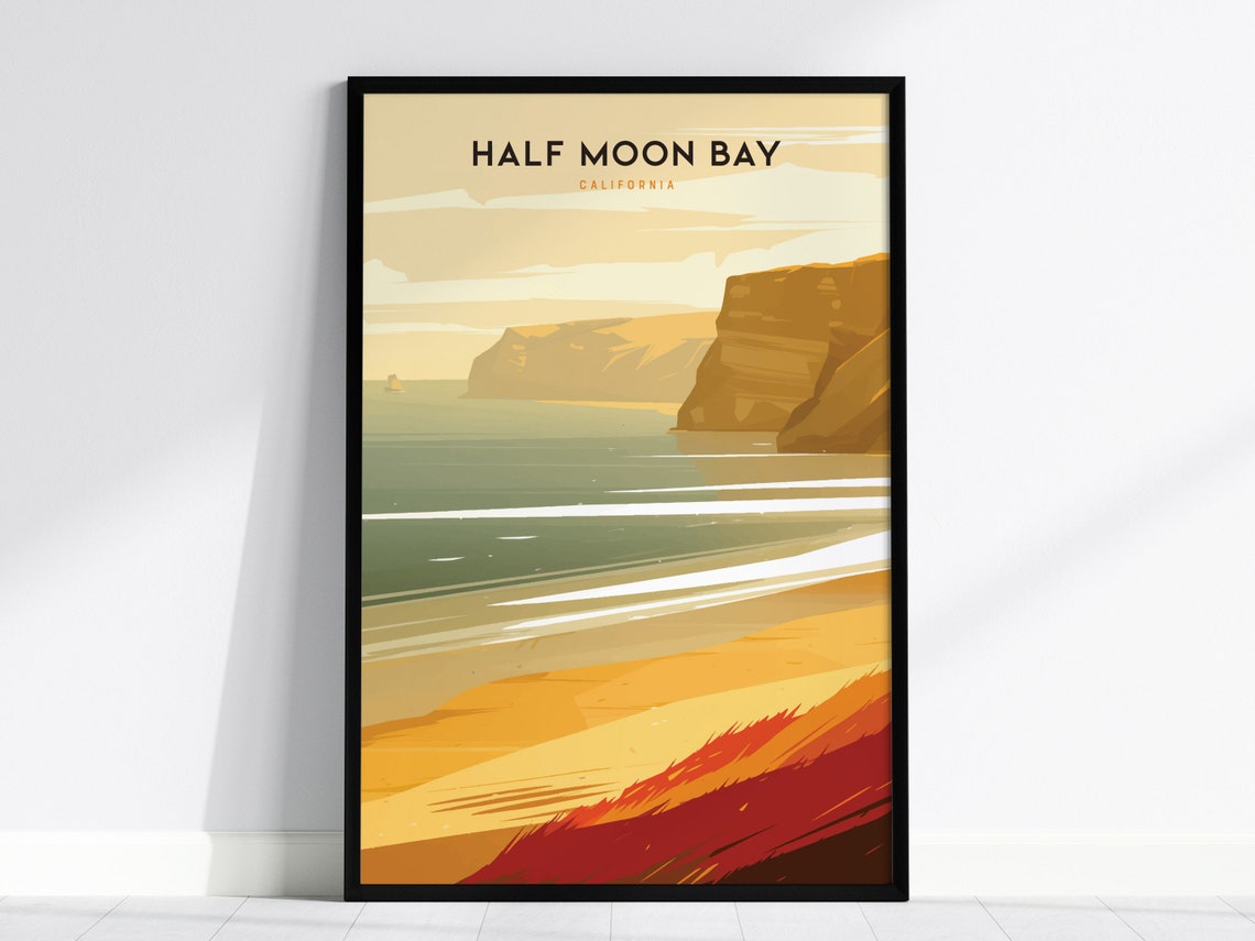 Half Moon Bay California Golden Cliffs Sunset Beach Art Poster