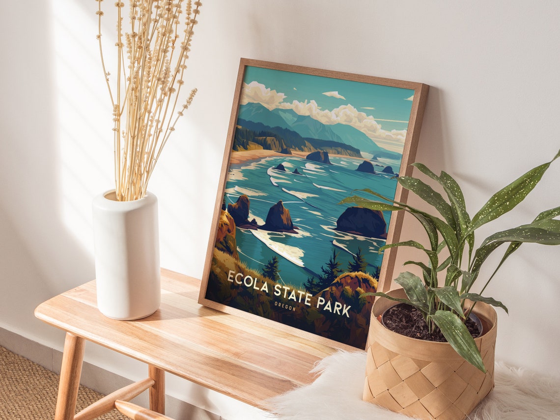Ecola State Park Oregon Rocky Coast Vintage Travel Poster Illustration - Image 4