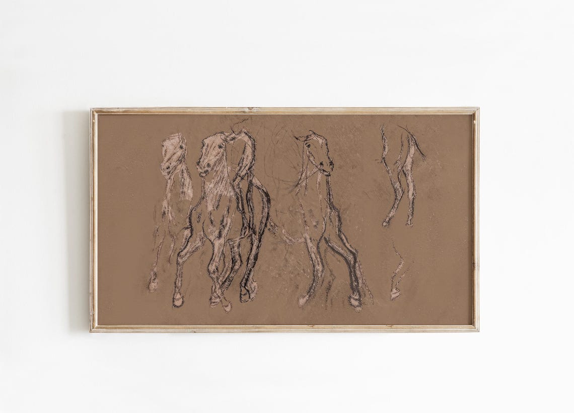 Running Horses Sketch Equestrian Charcoal Drawing Vintage Wall Art - Image 4
