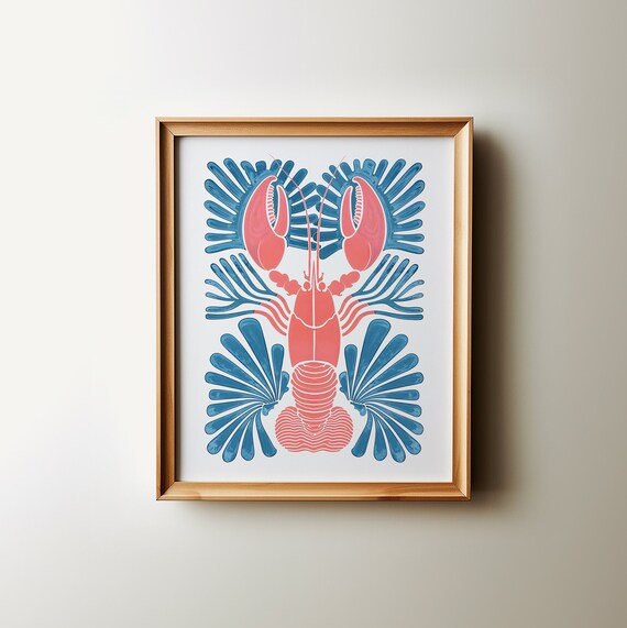 Lobster Abstract Art Kitchen Pastel Coastal Aesthetic Wall Art Nautical Eclectic Blue Pink Beachy Poster Beach House Print