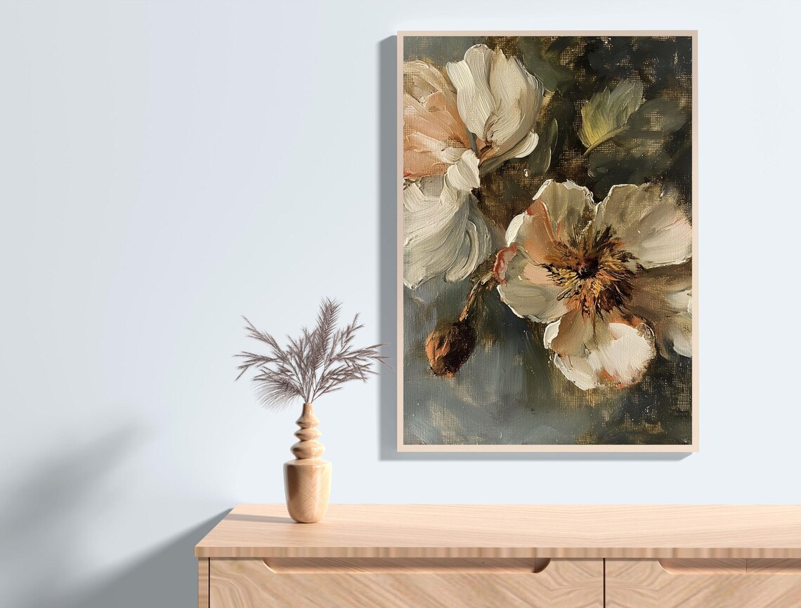 Vintage Cream Peony Flower Impasto Oil Painting Dark Art Print - Image 4