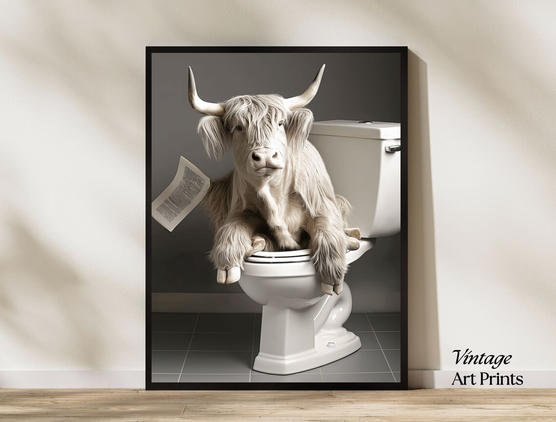 Highland Cow Sitting On Toilet Reading Newspaper Funny Bathroom Poster