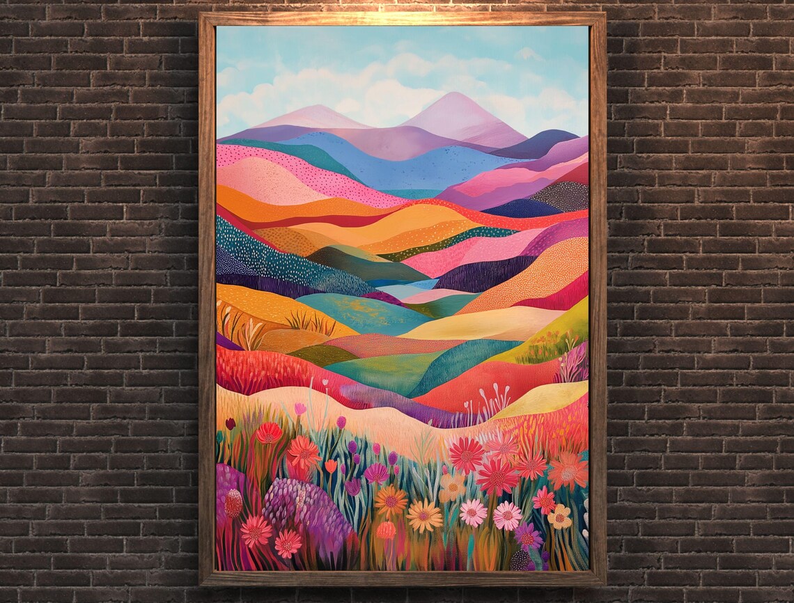 Vivid Colorful Layered Mountain Hills Wildflower Meadow Art Print - Image 7