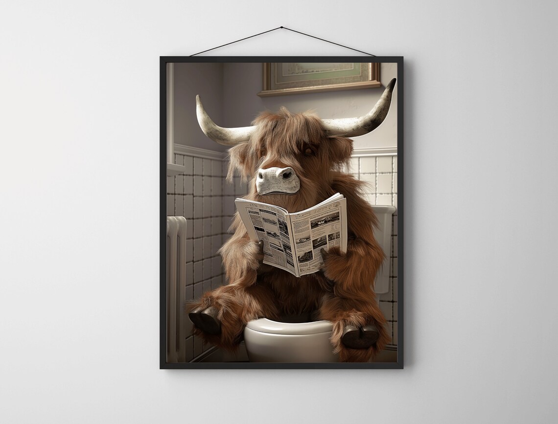 Funny Highland Cow Sitting on Toilet Reading Newspaper Poster - Image 5