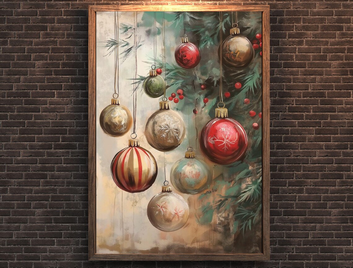 Vintage Christmas Ornaments Hanging Baubles Pine Holiday Art Poster - Image 6
