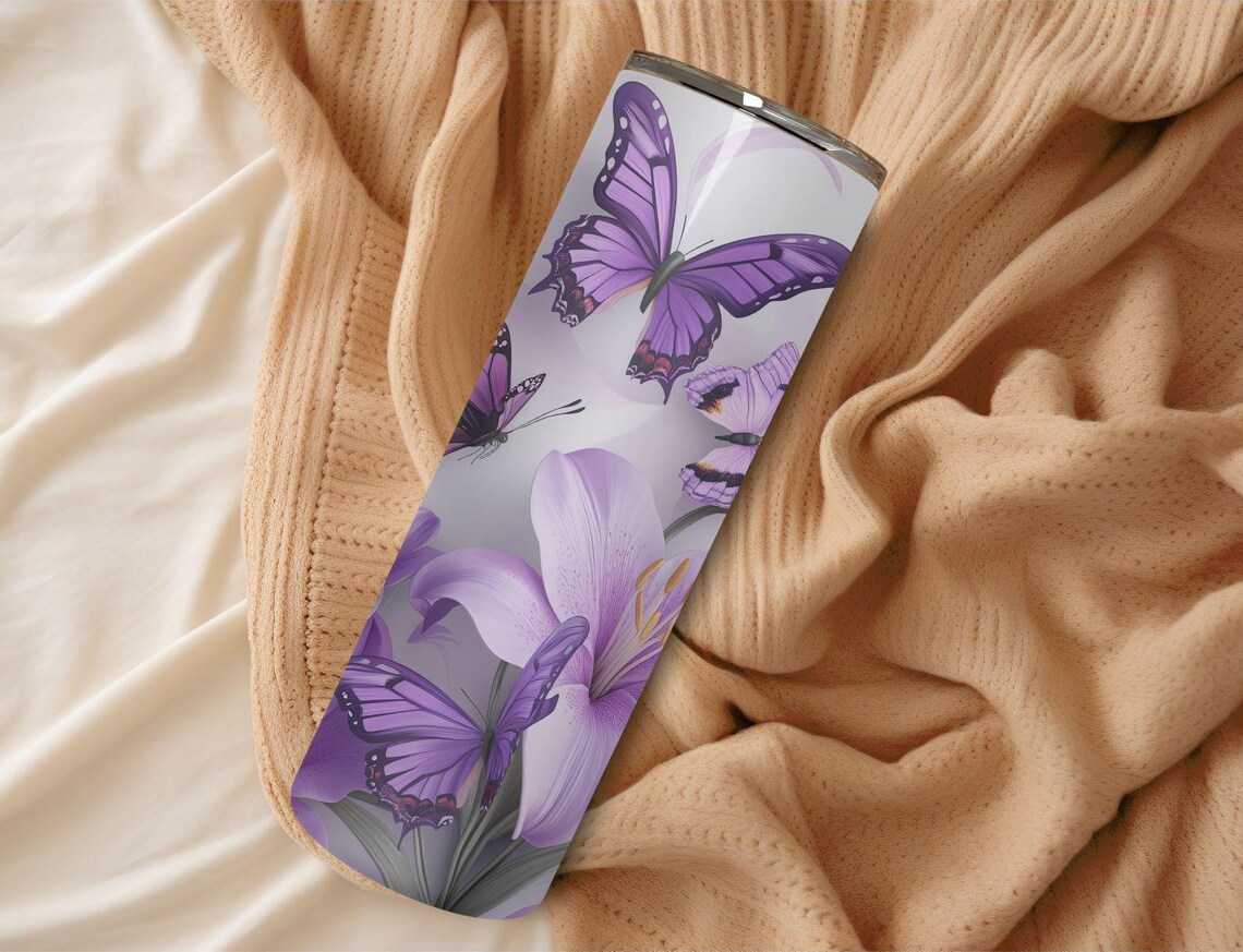 Butterflies Floral Purple 20oz Skinny Seamless Tumbler Wrap Png Sublimation Tumbler Template - Image 7