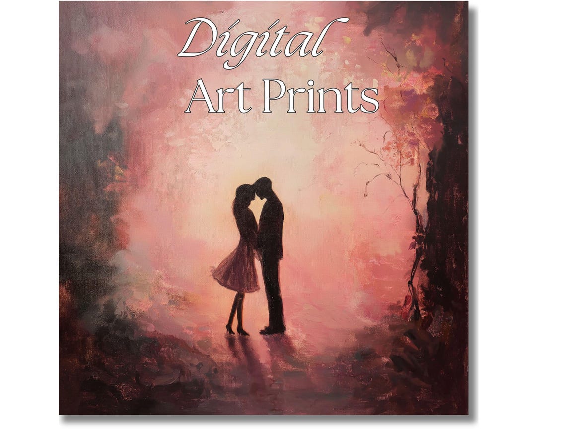 Romantic Couple Silhouette Blush Pink Forest Kiss Art Painting Print - Image 2