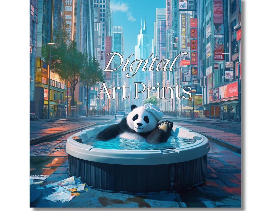 Funny Giant Panda Hot Tub City Street Surreal Whimsy Art Print - Image 2