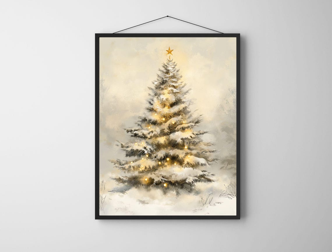Snowy Vintage Christmas Tree With Warm Lights Neutral Holiday Poster - Image 6