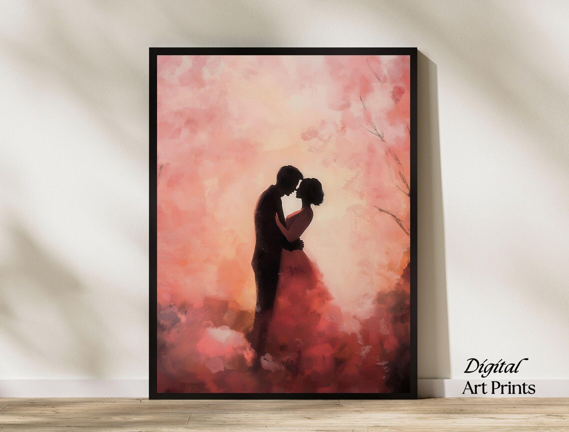 Romantic Couple Embrace Blush Pink Blossom Silhouette Art Print