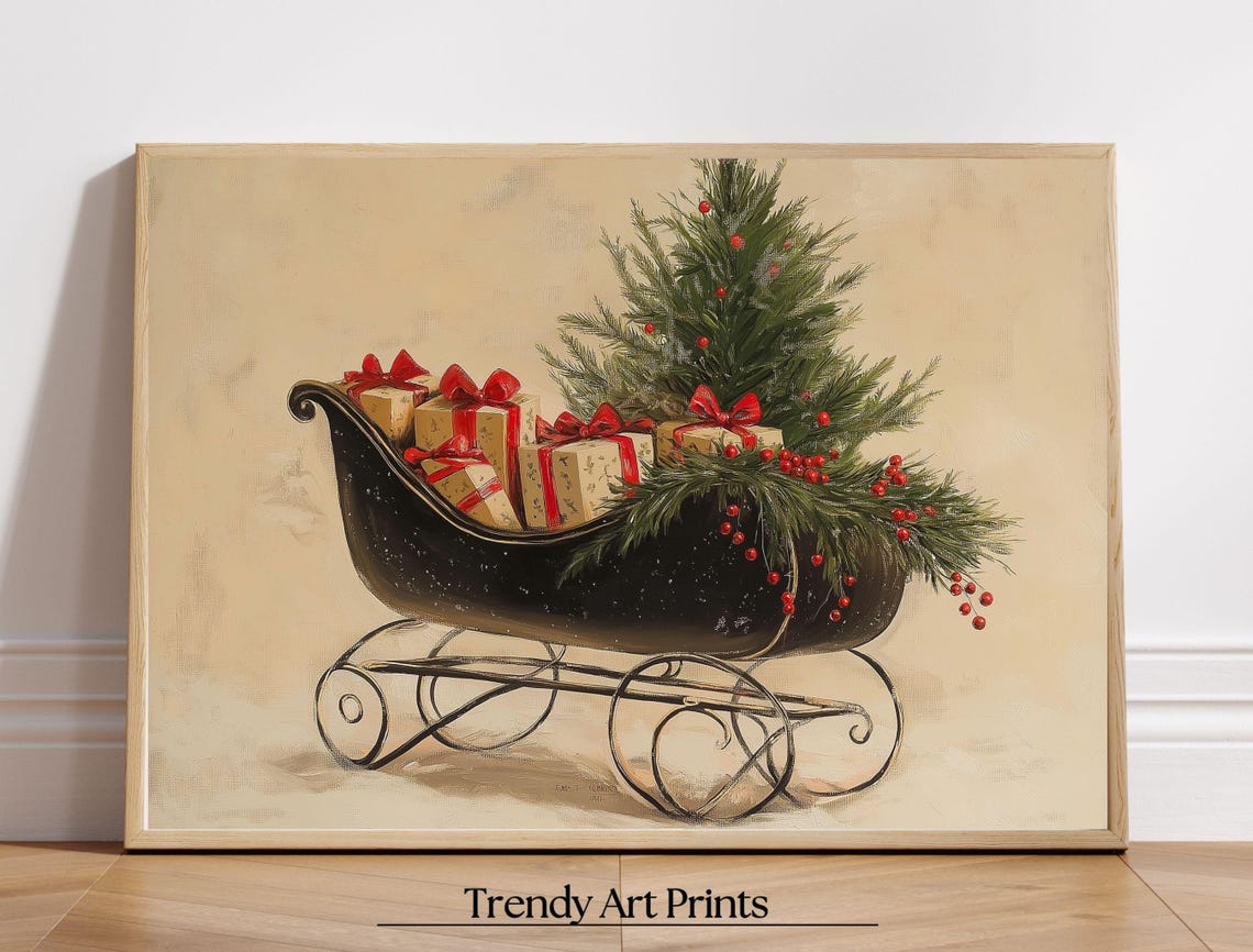 Vintage Christmas Sleigh with Gifts and Tree Rustic Holiday Poster - Image 5