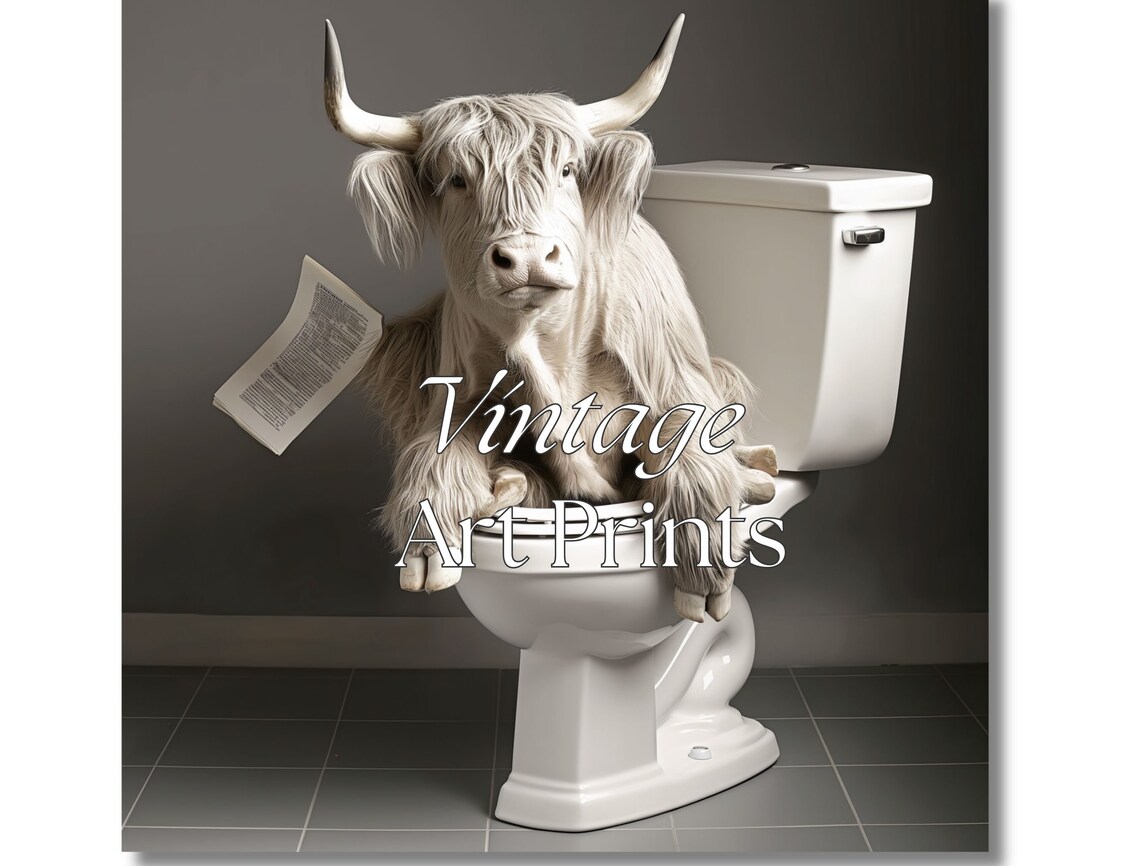 Highland Cow Sitting On Toilet Reading Newspaper Funny Bathroom Poster - Image 5