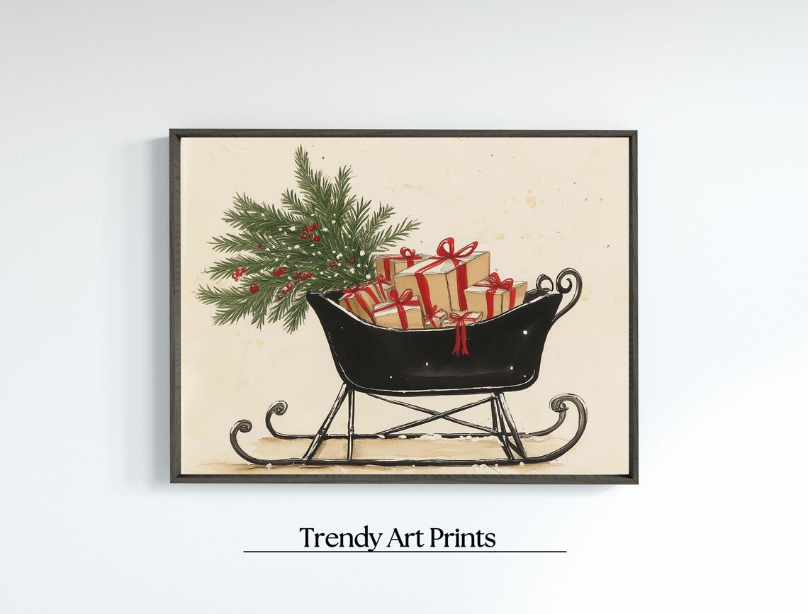 Vintage Black Sleigh Loaded With Gifts and Pine Christmas Poster