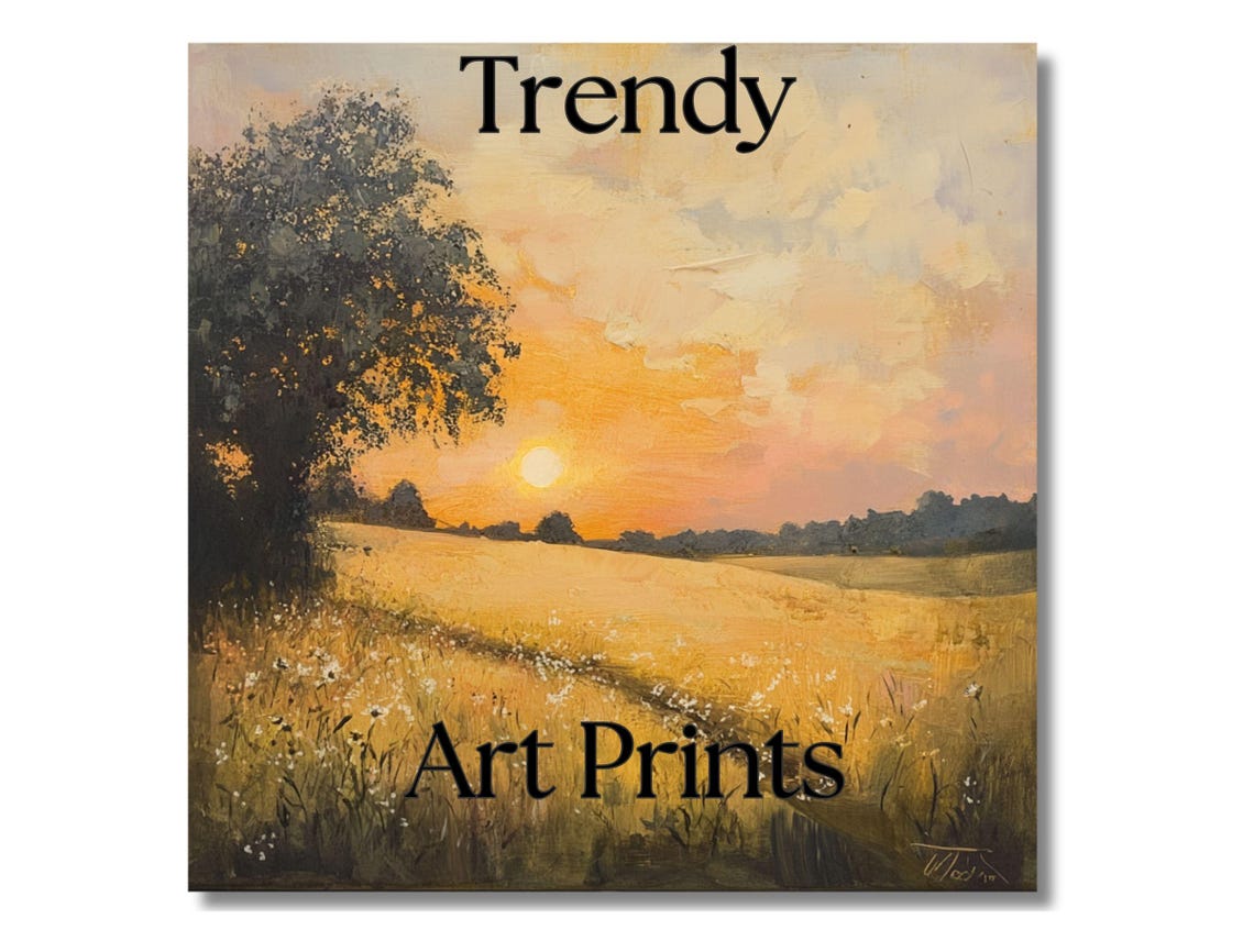 Warm Golden Sunset Field Tree Oil Painting Landscape Art Print - Image 6