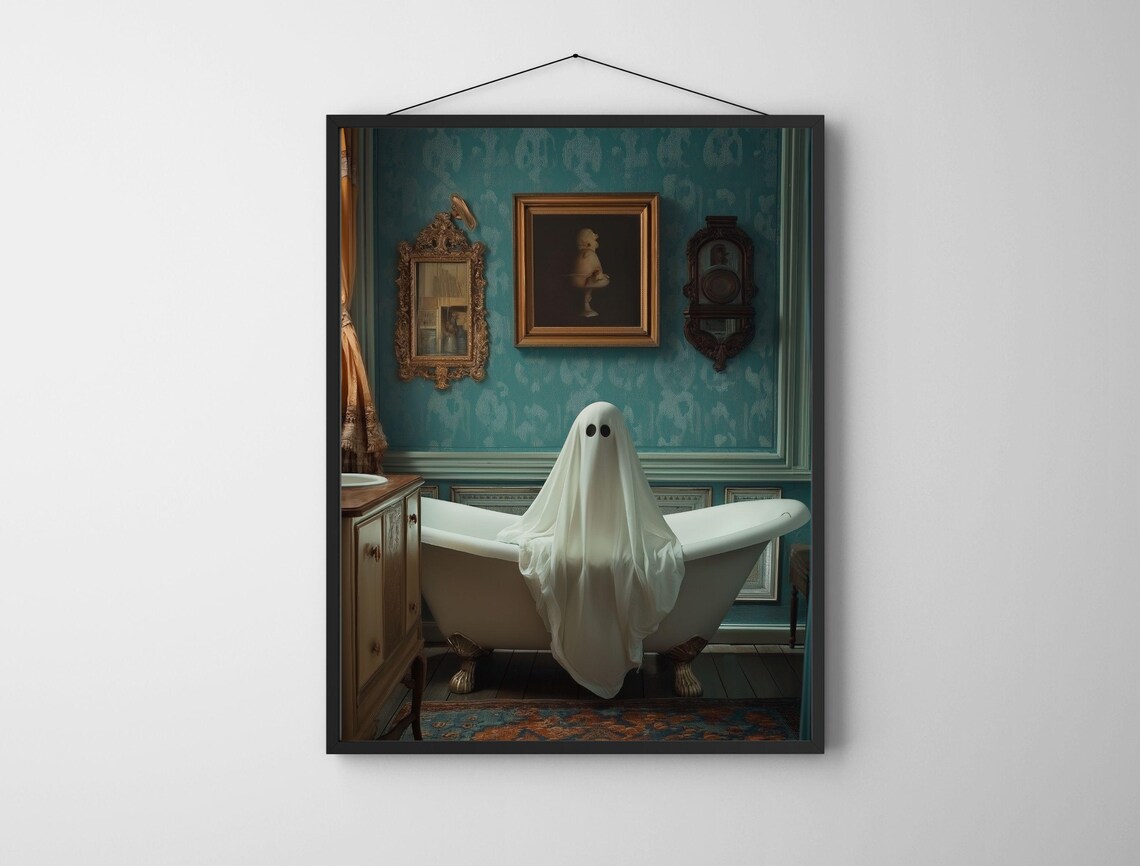Sheet Ghost Lounging in a Clawfoot Tub Teal Damask Bathroom Poster - Image 7