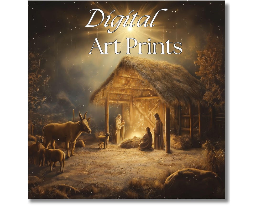 Holy Golden Nativity Scene Manger Star Night Christmas Art Print - Image 2
