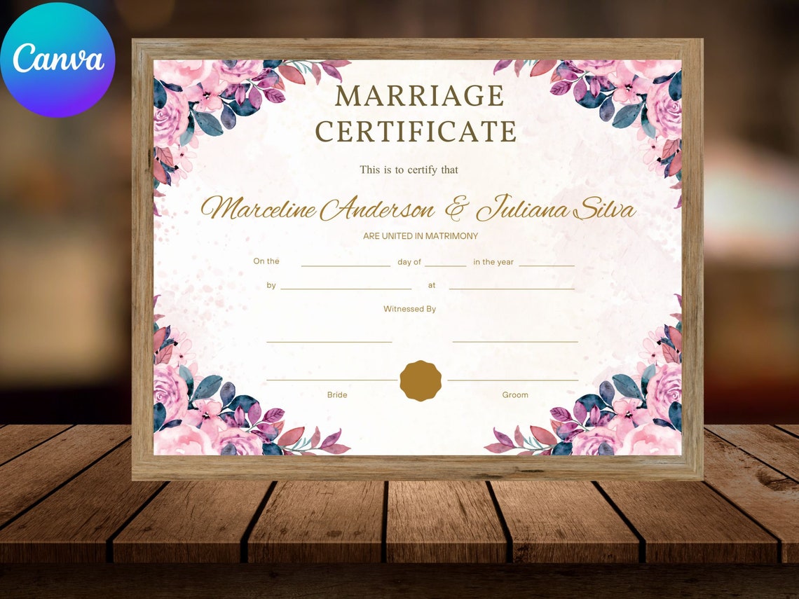 Editable Marriage Certificate Template Watercolor Floral Canva Print