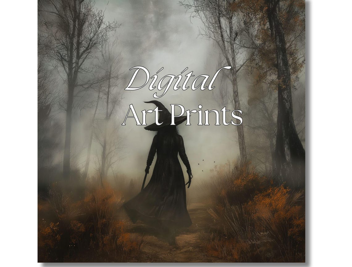 Witch Silhouette Walking Away Into a Misty Autumn Forest Poster - Image 2