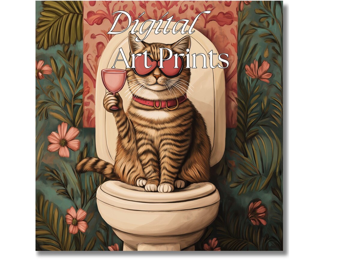 Funny Tabby Cat Heart Sunglasses Toilet Cocktail Humor Art Print - Image 2