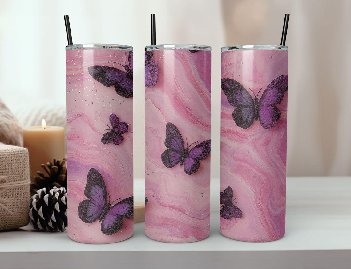 Purple Butterfly Pink Marble Glitter Tumbler Wrap Design Print - Image 6
