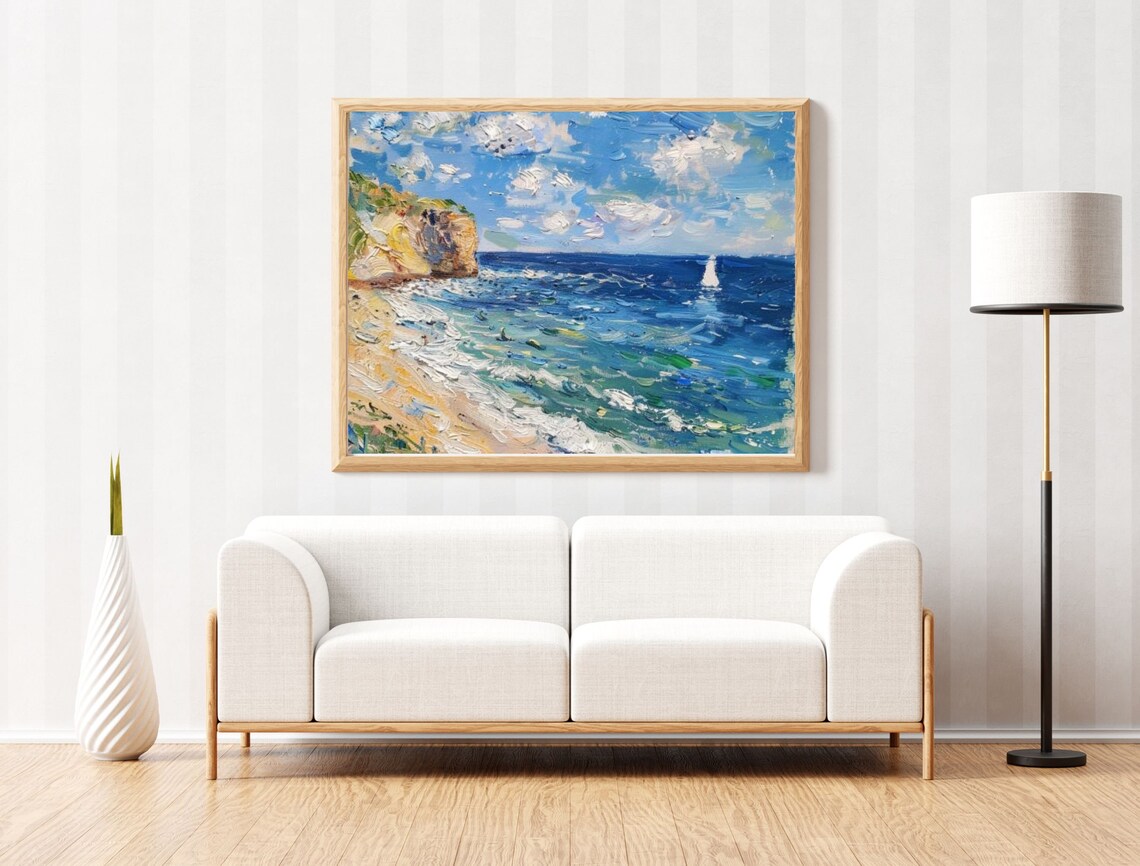 Impressionist Coastal Cliffs Sailboat Blue Sea Oil Painting Poster - Image 3