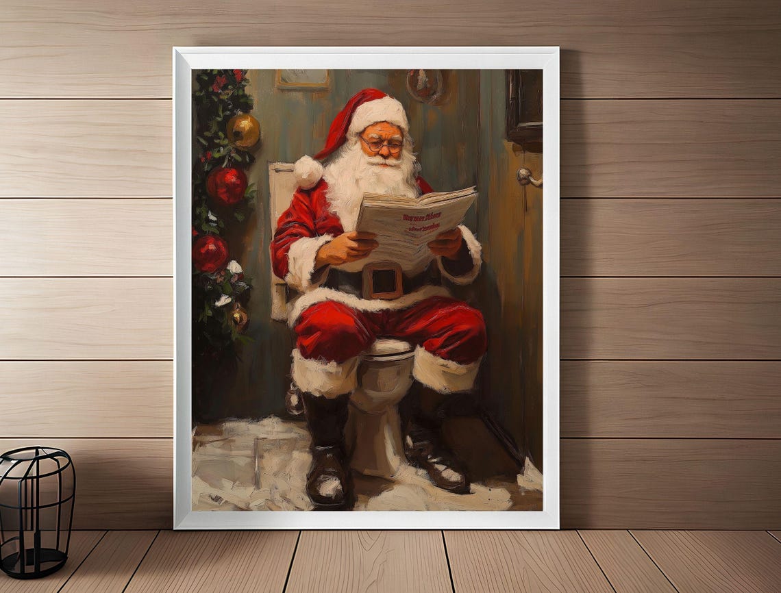 Funny Santa Claus Sitting on Toilet Reading Newspaper Bathroom Poster - Image 3
