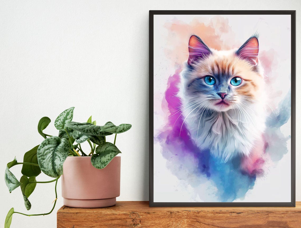 Blue Eyed Kitten Watercolor Portrait Pastel Splash Cat Poster - Image 6
