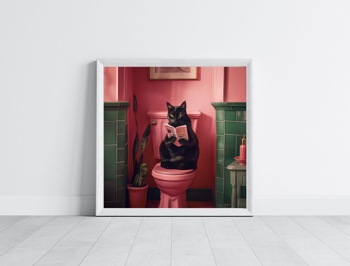 Black Cat Reading a Newspaper on a Retro Pink Toilet Funny Poster - Image 4