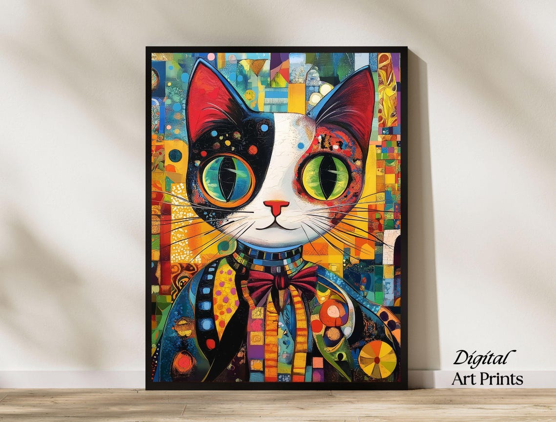 Colorful Mosaic Cat Bow Tie Patchwork Folk Art Cat Lovers Poster