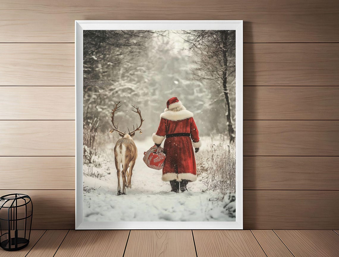 Santa Claus and Reindeer Walking in Snowy Winter Forest Art Poster - Image 3